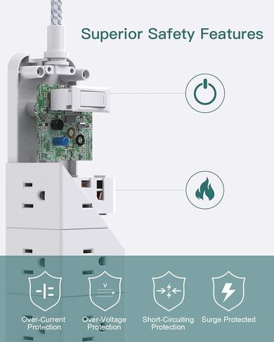 قطاع الطاقة الواقي من زيادة التيار - سلك تمديد بطول 10 أقدام مع 12 منفذًا (3 جوانب) و3 منافذ USB، شريط منفذ للحماية من الحمل الزائد، قابل للتركيب على الحائط للمنزل والمكتب والنوم in Kuwait