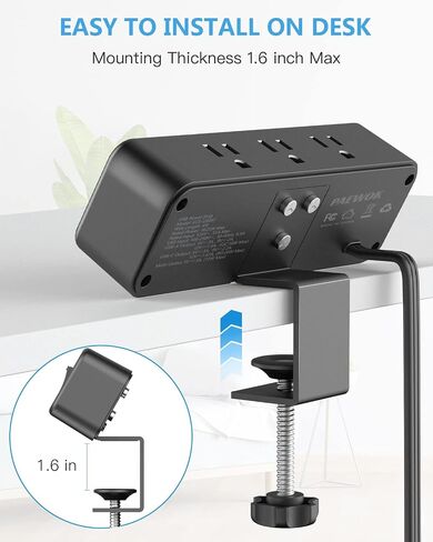 شريط طاقة بمشبك مكتب مع PD 20 وات USB C، حامي عرام سطح المكتب مع 6 منافذ، مقبس حافة الطاولة مع مفتاح، سلك تمديد نحيف بقابس مسطح بطول 6 أقدام، يناسب حافة سطح الطاولة بسمك 1.8 بوصة in Kuwait