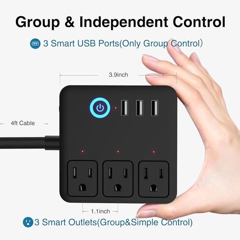 شريط طاقة ذكي، 3 منافذ USB و3 منافذ ذكية يتم التحكم فيها بشكل فردي، واقي زيادة التيار واي فاي يعمل مع أليكسا جوجل هوم، المنزل الذكي والمكتب والسفن السياحية والسفر، قابس مسطح متعدد القابس، 10 أمبير in Kuwait