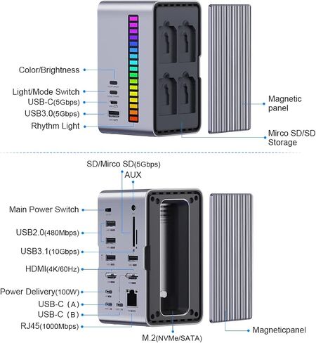 Hagibis Dual USB C Docking Station Triple Monitor, LED Strip Light USB-C Hub Type-C Adapter with 8K DP&HDMI, M.2 SSD Enclosure, 100W PD, USB 3.1, 1000Mbps RJ45 for MacBook Air Pro, Laptop (U100 Ultra) in Saudi Arabia