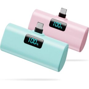 [2-Pack]Small Portable Charger 5200mAh, Upgraded PD USB C Power Bank Built-in USB-C Connector, LCD Display Battery Pack Compatible with iPhone 15/15 Plus/15 Pro/15 Pro Max/iPad Pro/Samsung Android etc