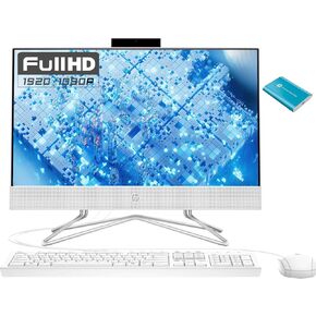 كمبيوتر مكتبي HP All-in-One، شاشة 21.5 بوصة 1080P FHD، ذاكرة وصول عشوائي 32 جيجابايت، 1 تيرابايت SSD، معالج Intel Duel Core Celeron، كاميرا ويب، واي فاي، HDMI، لوحة مفاتيح وماوس سلكية، P500 SSD محمول، Windows 11 in Saudi Arabia
