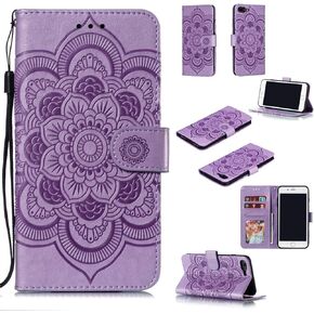 EYZUTAK Mandala Case for iPhone 7 Plus iPhone 8 Plus, Premium Leather Flip Wallet Card Slots Magnetic Stand Protective Ultra Slim Case with Lanyard, Embossed Flip Cover-Purple