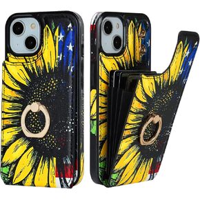 HAOPINSH for iPhone 13/ iPhone 14 Wallet Case with Card Holder, 360°Rotation Ring Kickstand, American Flag Sunflowers Pattern, RFID Blocking Leather for Girls Women, Double Buttons Flip Cover 6.1"