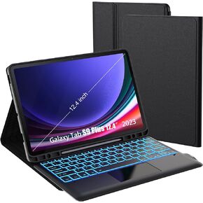 حافظة لهاتف Samsung Galaxy Tab S9 Plus مقاس 12.4 بوصة مع لوحة مفاتيح: غطاء لوحة مفاتيح للكمبيوتر اللوحي قابل للفصل مع 7 ألوان خلفية ولوحة لمس - Tab S9+ 12.4 بوصة 2023 حافظة لوحة مفاتيح تعمل باللمس مع حامل قلم S أسود in Kuwait