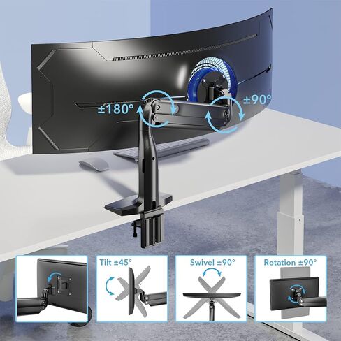 ذراع شاشة فردي فائق الاتساع، ذراع شاشة شديد التحمل لشاشات مسطحة ومنحنية مقاس 17-43 انش، يتحمل حتى 40 باوند، حامل مكتب الومنيوم بنابض غاز مع حد اقصى فيسا 200×100، اسود in Kuwait