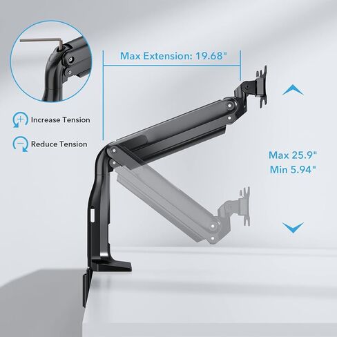 ذراع شاشة فردي فائق الاتساع، ذراع شاشة شديد التحمل لشاشات مسطحة ومنحنية مقاس 17-43 انش، يتحمل حتى 40 باوند، حامل مكتب الومنيوم بنابض غاز مع حد اقصى فيسا 200×100، اسود in Kuwait