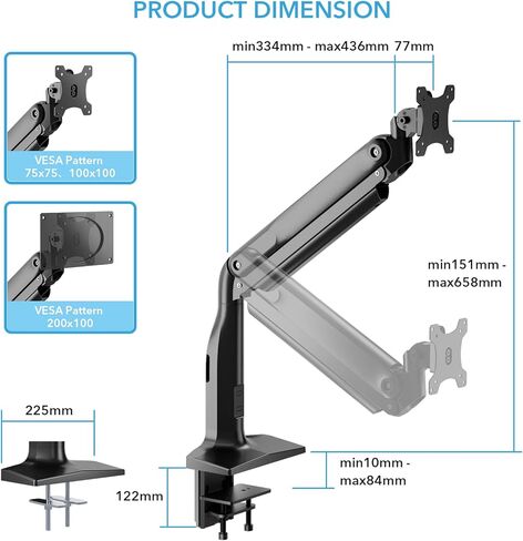 ذراع شاشة فردي فائق الاتساع، ذراع شاشة شديد التحمل لشاشات مسطحة ومنحنية مقاس 17-43 انش، يتحمل حتى 40 باوند، حامل مكتب الومنيوم بنابض غاز مع حد اقصى فيسا 200×100، اسود in Kuwait