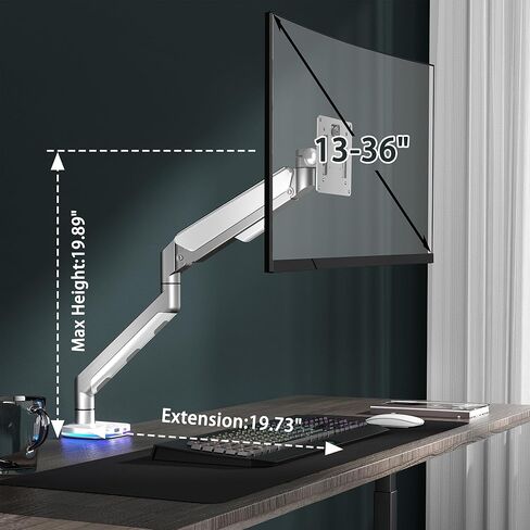 ذراع شاشة PPQ للتركيب على الغاز مع منافذ USB وإضاءة RGB، حامل شاشة قابل للتعديل على المكتب مع مشبك C - يناسب شاشات الكمبيوتر LCD مقاس 13 إلى 36 بوصة من 4.4 إلى 26.4 رطل in Kuwait