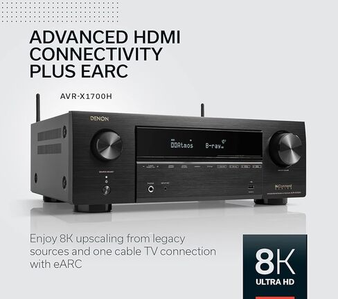 جهاز استقبال Denon AVR-X1700H 7.2 قناة AV - 80 وات/قناة (موديل 2021)، فيديو HDMI متقدم 8K مع eARC، Dolby Atmos، DTS:X، HEOS مدمج، التحكم الصوتي Amazon Alexa (توقف عن العمل من قبل الشركة المصنعة) in Kuwait