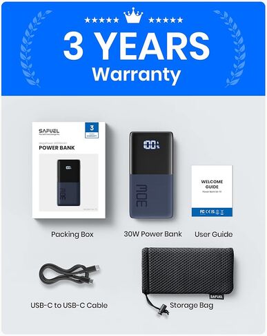 شاحن محمول SAFUEL، بنك طاقة سريع الشحن بقدرة 20000 مللي أمبير في الساعة 30 وات PD QC، حزمة بطارية USB C مزدوجة داخل وخارج لهاتف iPhone 14 13 12 11 X 8 Pro Max Mini MacBook iPad Samsung S22 S21 Google LG Tablet، إلخ. in Kuwait