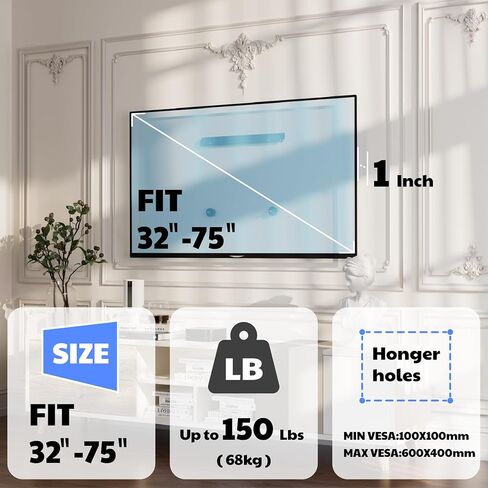 EZISE Studless TV Drywall Mount for 32-75 Inch Flat Screen, Slim No Drill TV Wall Mount Holds up to 150 lbs, No Stud Easy Install with Nails, Max VESA 600x400mm in Saudi Arabia