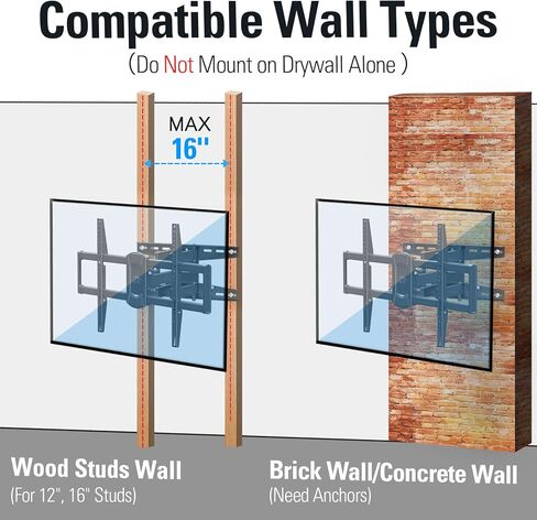 حامل دوار وإمالة على الحائط لتلفزيون Dream TV لمعظم أجهزة التلفاز مقاس 42-75 بوصة، حامل تلفزيون كامل الحركة مع أذرع مفصلية، الحد الأقصى VESA 600x400 مم وتحميل 100 رطل، يناسب مسامير خشبية مقاس 16 بوصة، MD2658 in Kuwait