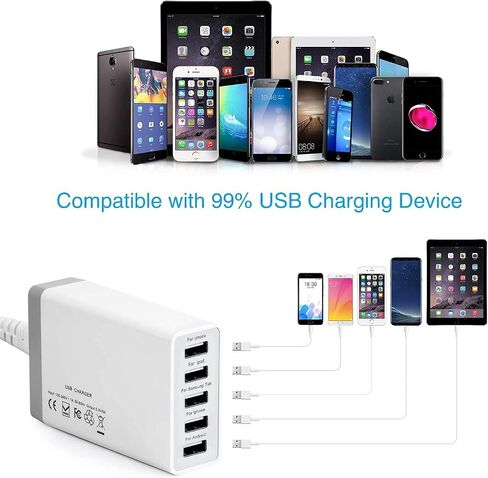 شاحن حائط USB مع 5 منافذ لأجهزة متعددة، شاحن حائط USB متعدد الاستخدامات بقدرة 40 وات 8 أمبير متوافق مع الأجهزة اللوحية والهاتف ومنتجات الأجهزة المحمولة وهواتف Android وجميع أجهزة منافذ USB in Kuwait