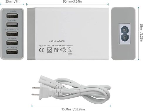 شاحن حائط USB مع 5 منافذ لأجهزة متعددة، شاحن حائط USB متعدد الاستخدامات بقدرة 40 وات 8 أمبير متوافق مع الأجهزة اللوحية والهاتف ومنتجات الأجهزة المحمولة وهواتف Android وجميع أجهزة منافذ USB in Kuwait