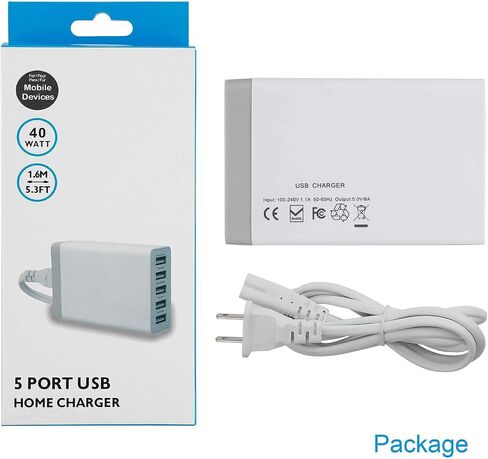 شاحن حائط USB مع 5 منافذ لأجهزة متعددة، شاحن حائط USB متعدد الاستخدامات بقدرة 40 وات 8 أمبير متوافق مع الأجهزة اللوحية والهاتف ومنتجات الأجهزة المحمولة وهواتف Android وجميع أجهزة منافذ USB in Kuwait
