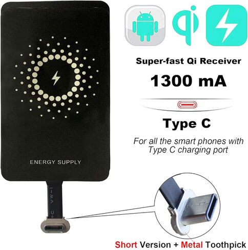 جهاز استقبال ومحول شحن لاسلكي سريع للغاية بمنفذ USB نوع C بقوة 1300 مللي امبير متوافق مع جوجل بكسل وسامسونج وهواوي وال جي وسوني وموتورولا ونوكيا وغيرها (اصدار قصير، راس معدني) من ماي ماكس in Kuwait