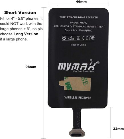 جهاز استقبال ومحول شحن لاسلكي سريع للغاية بمنفذ USB نوع C بقوة 1300 مللي امبير متوافق مع جوجل بكسل وسامسونج وهواوي وال جي وسوني وموتورولا ونوكيا وغيرها (اصدار قصير، راس معدني) من ماي ماكس in Kuwait