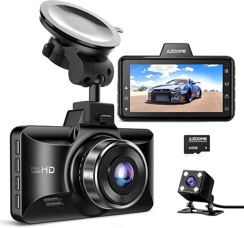 ازدوم كاميرا تابلوه مزدوجة امامية وخلفية بشاشة IPS 2.5D مقاس 3 انش ومسجل قيادة السيارة بدقة 1080P FHD، كاميرا احتياطية مقاومة للماء، رؤية ليلية، شاشة بارك، مستشعر تسارع، لسيارة الاجرة مع بطاقة 64GB in Kuwait