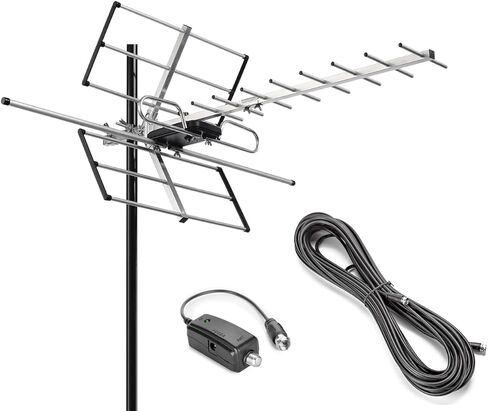 PIBIDI Outdoor Digital Amplified Yagi HDTV Antenna, Built-in High Gain and Low Noise Amplifier, 40FT RG6 Coaxial Cable, 120 Miles Range with UHF and VHF Signal in Kuwait
