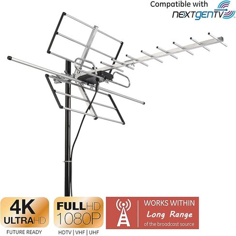 PIBIDI Outdoor Digital Amplified Yagi HDTV Antenna, Built-in High Gain and Low Noise Amplifier, 40FT RG6 Coaxial Cable, 120 Miles Range with UHF and VHF Signal in Kuwait