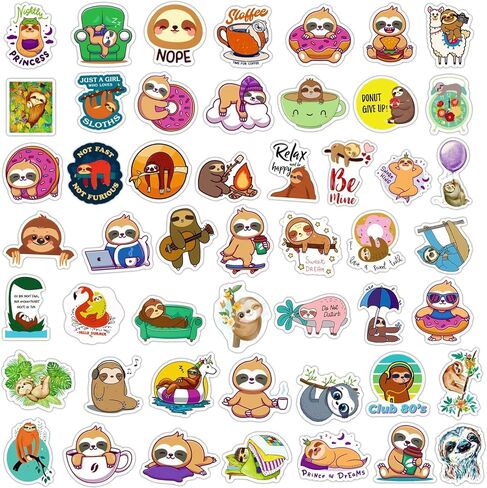 50 قطعة من ملصقات الكسلان اللطيفة مقاومة للماء من الفينيل للجوال واللابتوب وزجاجة المياه ولوح التزلج والامتعة والسيارة وممتص الصدمات والمراة والكتاب والباب والنافذة هدايا للبنات والاطفال والمراهقين in Kuwait