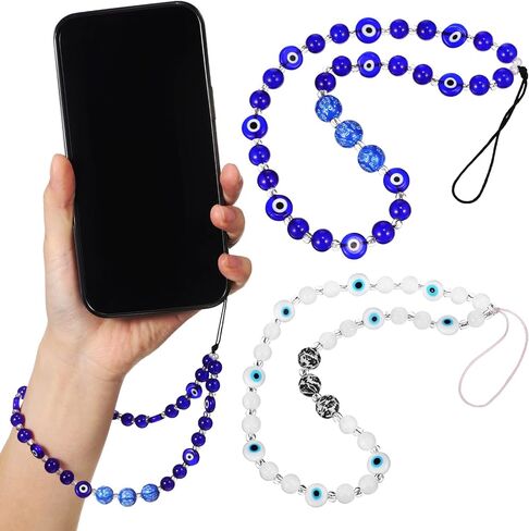 Milisten 2 Pcs Beaded Phone Charm, Evil Eye Beaded Phone Lanyard, Blue and White Phone Lanyard Wrist Strap, Decorative Phone Chain Wrist Strap Gemstone Keychain for Women Girls in Kuwait