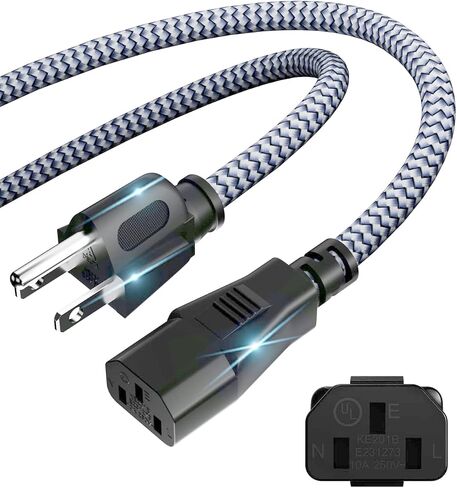Power Cord - 3 Pin Power Cord Braided,10FT/3m AC Replacement Power Cable 3 Prong,Universal Power Cord for Monitor, PS3, Xbox-360, TV, Computer, Printer,PC and More(10A,110V-250V,18AWG) in Kuwait
