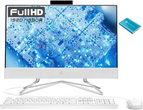 HP All-in-One Desktop Computer, 21.5" 1080P FHD Display, 32GB RAM, 1TB SSD, Intel Duel Core Celeron Processor, Webcam, WiFi, HDMI, Wired Keyboard&Mouse, P500 Portable SSD, Windows 11 in Saudi Arabia
