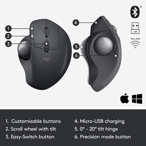 Logitech MX Ergo Wireless Trackball Mouse, Ergonomic Design, Move Content Between 2 Windows and Apple Mac Computers (Bluetooth or USB), Rechargeable - With Free Adobe Creative Cloud Subscription in Saudi Arabia