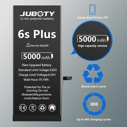 بطارية JUBOTY بقدرة 5000 مللي أمبير في الساعة لهاتف iPhone 6s Plus، بطارية ليثيوم بوليمر داخلية جديدة مطورة 0 دورات عالية السعة لاستبدال بطارية iPhone 6s Plus موديل A1634 A1687 A1699 مع مجموعة أدوات إصلاح احترافية in Kuwait