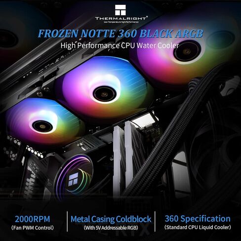 Thermalright Frozen Notte 360 Black ARGB Water Cooling CPU Cooler, 360 Black CPU Cooler Specifications, 3×120mm PWM Fans, S-FDB V2 Bearings, Suitable for AMD/AM4/AM5, Intel 1700/1150/1151/1200/2011 in Saudi Arabia