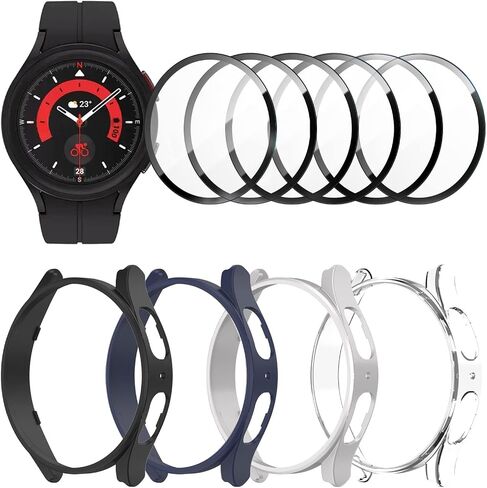 [4+6 Pack] BHARVEST for Samsung Galaxy Watch 5 Pro 45mm Screen Protector and Case, 4 Packs Hard PC Frame Cover with 6 Sets Tempered Glass Protective Film for Galaxy Watch 5 Pro 45mm in Kuwait