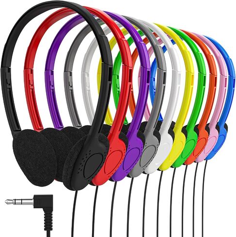 Maeline Bulk Classroom Headphones for Students, 10 Pack On-Ear Wired Headsets, Adjustable, Lightweight, 3.5mm Plug, School Testing, Library, Travel, Labs – Multi Color in Kuwait