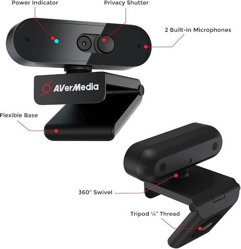 AVerMedia PW310P Webcam, Webcam Cover, 1080p/30fps Videochat and Recording, Plug and Play, Microphones, Stream, Autofocus, Works with Skype, Zoom, Team - Black in Saudi Arabia