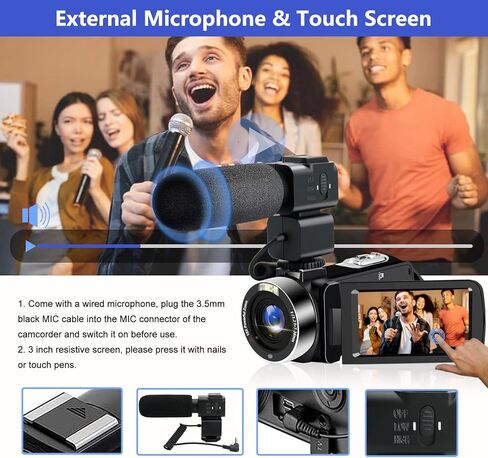 4K Video Camera, Camcorder with IR Night Vision with Mini Tripod, 3" Touch Screen WiFi Digital Camera for Video Recording, Vlogging Camera for YouTube, Remote, Microphone in Kuwait