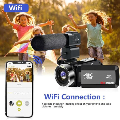 4K Video Camera, Camcorder with IR Night Vision with Mini Tripod, 3" Touch Screen WiFi Digital Camera for Video Recording, Vlogging Camera for YouTube, Remote, Microphone in Kuwait