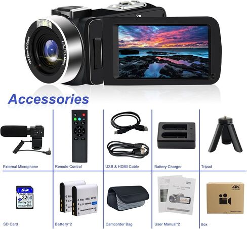 4K Video Camera, Camcorder with IR Night Vision with Mini Tripod, 3" Touch Screen WiFi Digital Camera for Video Recording, Vlogging Camera for YouTube, Remote, Microphone in Kuwait
