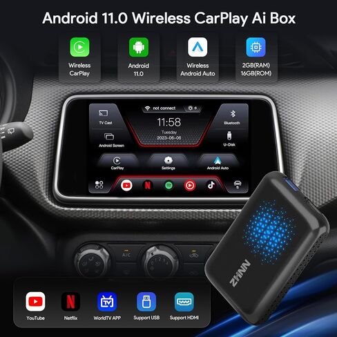ZHNN Magic Box Carplay مع Netflix YouTube Tiktok، صندوق Carplay AI اللاسلكي يدعم Carplay اللاسلكي/Android Auto/مخرج HDMI/وظيفة Mirrorlink تيار إلى سيارتك Carplay Video Streaming Magic Box in Kuwait