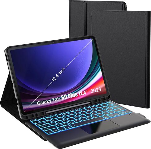 حافظة لهاتف Samsung Galaxy Tab S9 Plus مقاس 12.4 بوصة مع لوحة مفاتيح: غطاء لوحة مفاتيح للكمبيوتر اللوحي قابل للفصل مع 7 ألوان خلفية ولوحة لمس - Tab S9+ 12.4 بوصة 2023 حافظة لوحة مفاتيح تعمل باللمس مع حامل قلم S أسود in Kuwait