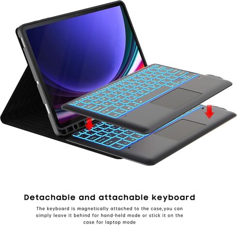 حافظة لهاتف Samsung Galaxy Tab S9 Plus مقاس 12.4 بوصة مع لوحة مفاتيح: غطاء لوحة مفاتيح للكمبيوتر اللوحي قابل للفصل مع 7 ألوان خلفية ولوحة لمس - Tab S9+ 12.4 بوصة 2023 حافظة لوحة مفاتيح تعمل باللمس مع حامل قلم S أسود in Kuwait