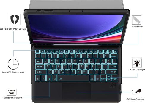 حافظة لهاتف Samsung Galaxy Tab S9 Plus مقاس 12.4 بوصة مع لوحة مفاتيح: غطاء لوحة مفاتيح للكمبيوتر اللوحي قابل للفصل مع 7 ألوان خلفية ولوحة لمس - Tab S9+ 12.4 بوصة 2023 حافظة لوحة مفاتيح تعمل باللمس مع حامل قلم S أسود in Kuwait