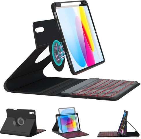 حافظة BOBOLEE iPad الجيل العاشر مع لوحة مفاتيح (10.9 بوصة 2022)، لوحة مفاتيح لاسلكية بإضاءة خلفية قابلة للفصل 7 ألوان، غطاء نحيف قابل للدوران 360 درجة مع حامل قلم مدمج، حافظات طاولة لجهاز iPad 10th 10.9 بوصة in Kuwait