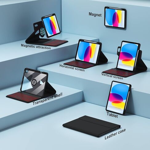 حافظة BOBOLEE iPad الجيل العاشر مع لوحة مفاتيح (10.9 بوصة 2022)، لوحة مفاتيح لاسلكية بإضاءة خلفية قابلة للفصل 7 ألوان، غطاء نحيف قابل للدوران 360 درجة مع حامل قلم مدمج، حافظات طاولة لجهاز iPad 10th 10.9 بوصة in Kuwait
