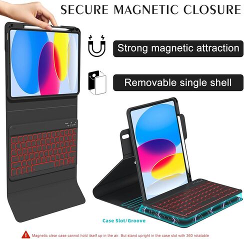 حافظة BOBOLEE iPad الجيل العاشر مع لوحة مفاتيح (10.9 بوصة 2022)، لوحة مفاتيح لاسلكية بإضاءة خلفية قابلة للفصل 7 ألوان، غطاء نحيف قابل للدوران 360 درجة مع حامل قلم مدمج، حافظات طاولة لجهاز iPad 10th 10.9 بوصة in Kuwait