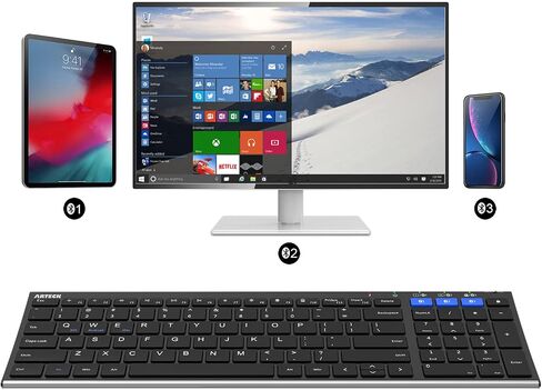 Arteck HB193 Universal Bluetooth Keyboard Multi-Device Stainless Steel Full Size Wireless Keyboard for Windows, iOS, Android, Computer Desktop Laptop Surface Tablet Smartphone Rechargeable Battery in Saudi Arabia