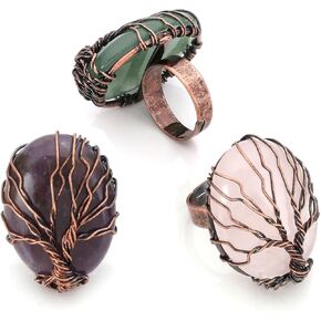 Top Plaza Handmade Retro Vintage Copper Wire Wrapped Tree Of Life Oval Gemstone Healing Crystal Adjustable Ring Bronze Band Size 6 7 8