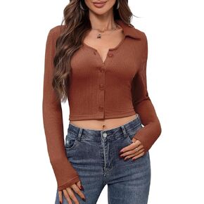 ZAFUL Women's Long Sleeve Crop Top Lapel Collar V Neck Button Down Ribbed Slim Fitted T Shirts Soft Knit Tops in Saudi Arabia