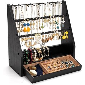 Earring Organizer, 5 Layer Earring Holder Organizer with Necklace Holder, Rustic Wood Jewelry Organizer Stand Display for Stud Earring Bracelet Necklace Ring, Watches
