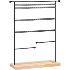 uxcell Earring Display Tower 4 Tier Metal Necklace Display Organizer Jewelry Holder with Wooden Tray for Bracelets, Rings, Earrings, Necklaces - White